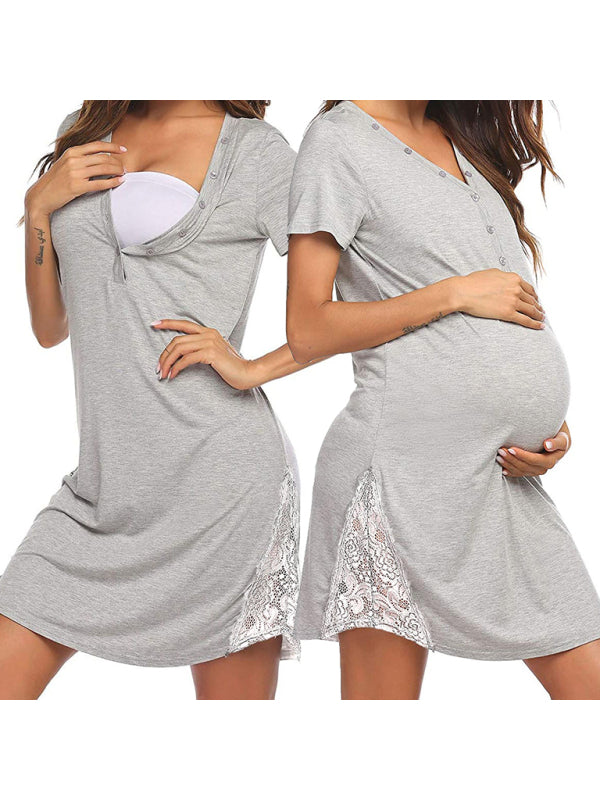 Women's knitting short sleeve lace splicing Maternity Nursing Dress