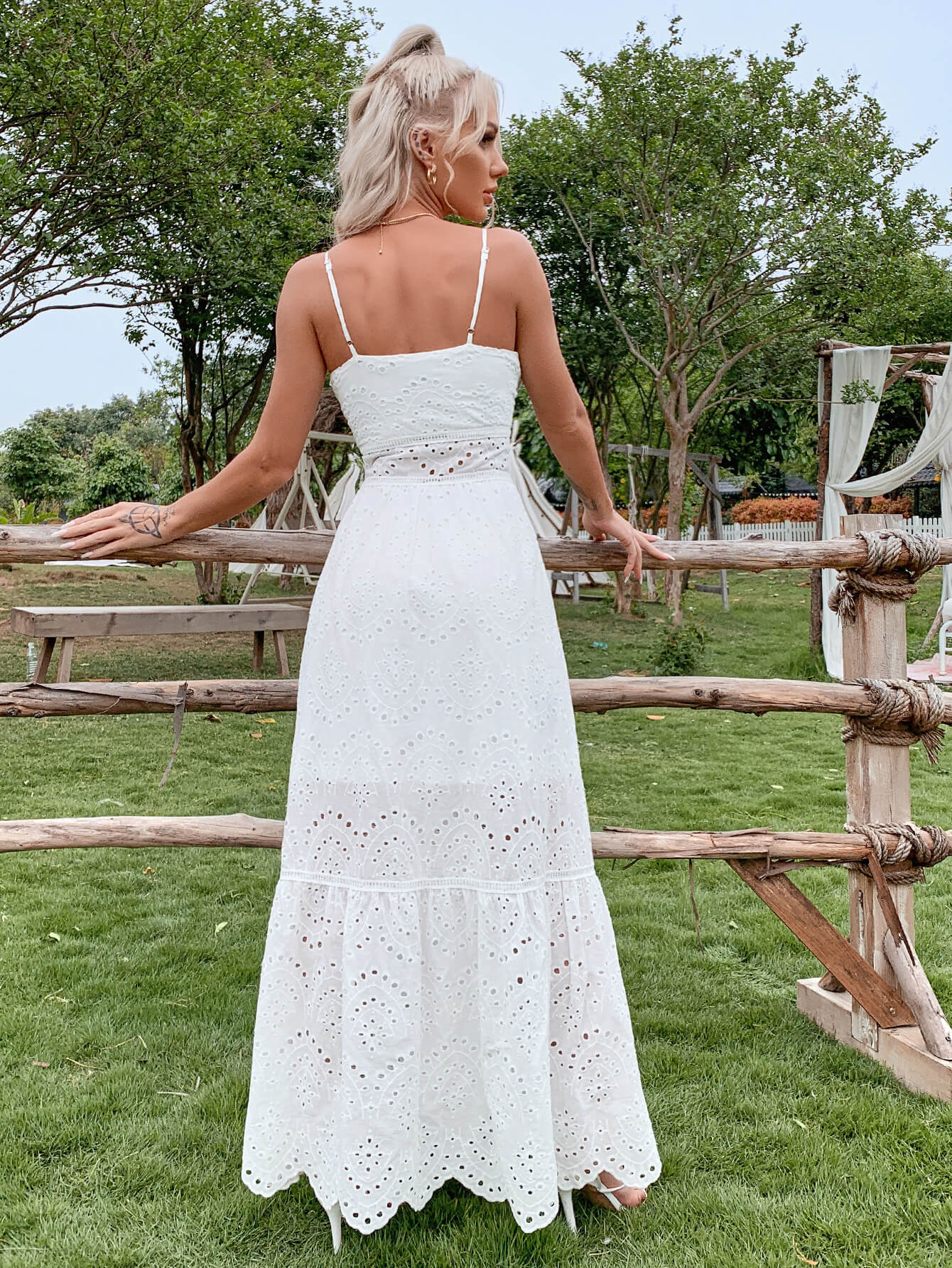 Plunge Button Front Eyelet Maxi Dress