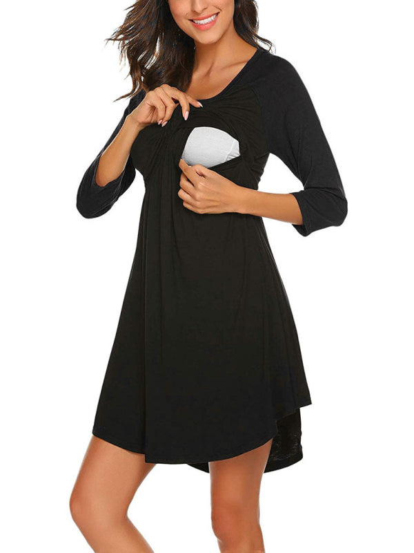Women's lactation T-shirt cat print 9 / 4 sleeve round neck dress