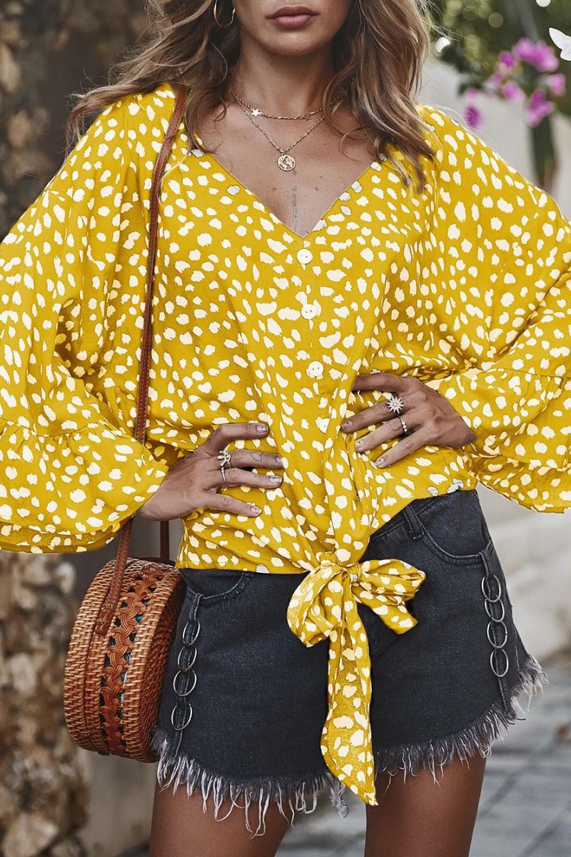 Polka Dot Tie Detail Lotus Sleeve Blouse