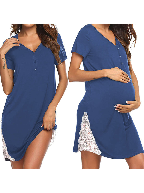 Women's knitting short sleeve lace splicing Maternity Nursing Dress