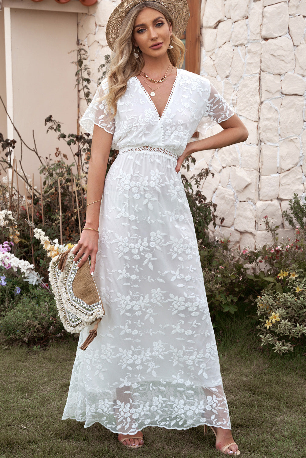 maxi dress with short sleeves Floral Smocked Polyester Washing method Cocktails And Couture Short Sleeve