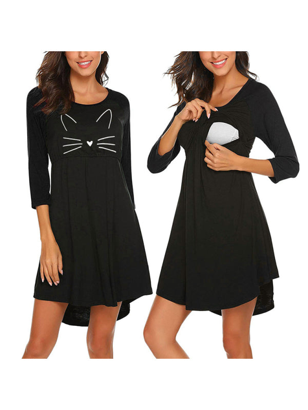 Women's lactation T-shirt cat print 9 / 4 sleeve round neck dress