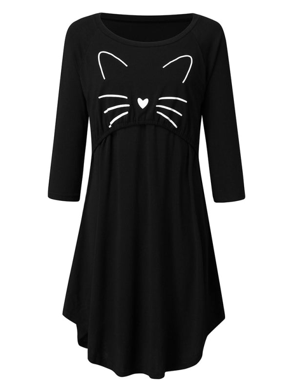 Women's lactation T-shirt cat print 9 / 4 sleeve round neck dress