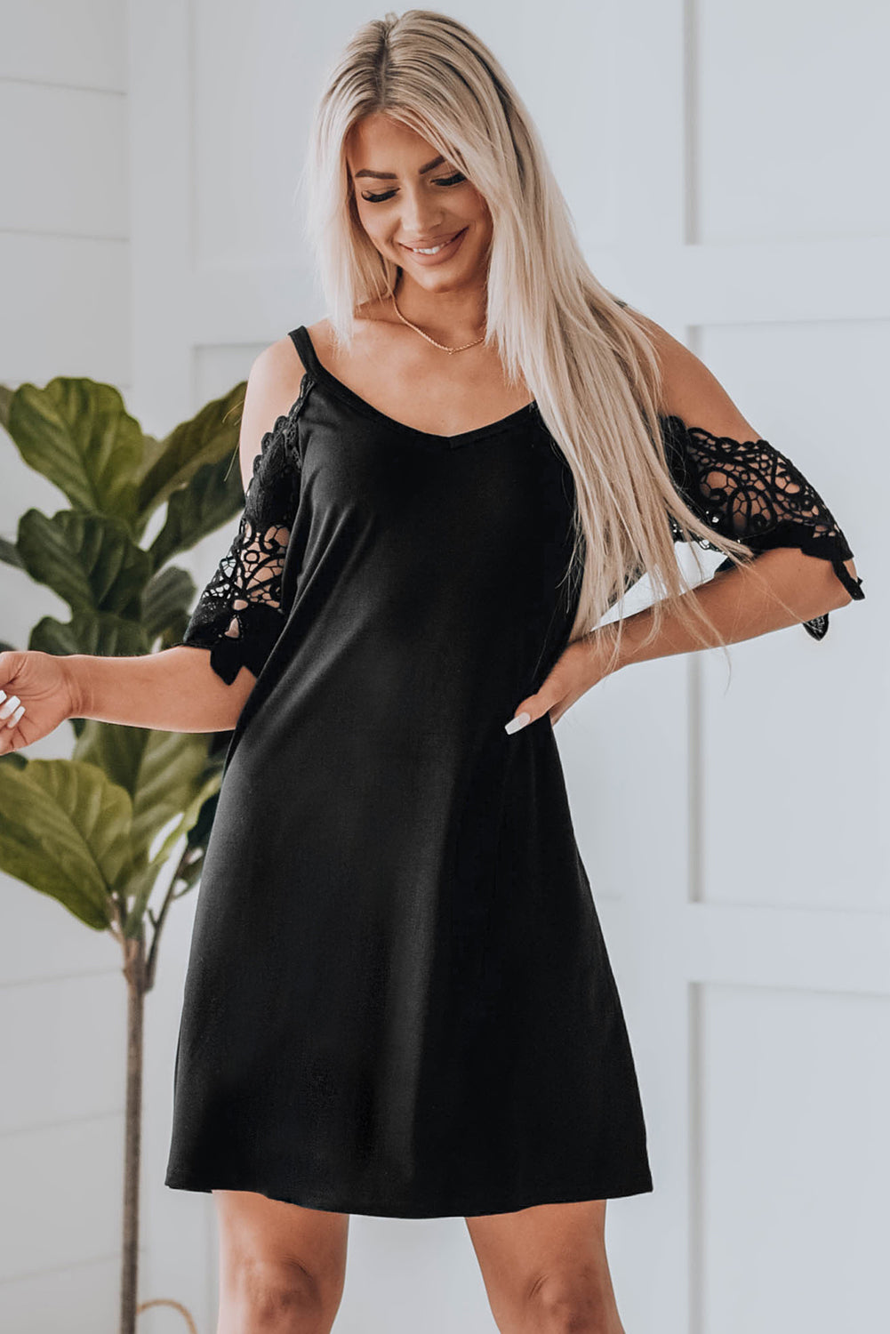 Spliced Lace Cold-Shoulder Mini Dress Happy Mumma Sunshine Spliced Lace Cold-Shoulder Mini Dress Happy Mumma Sunshine