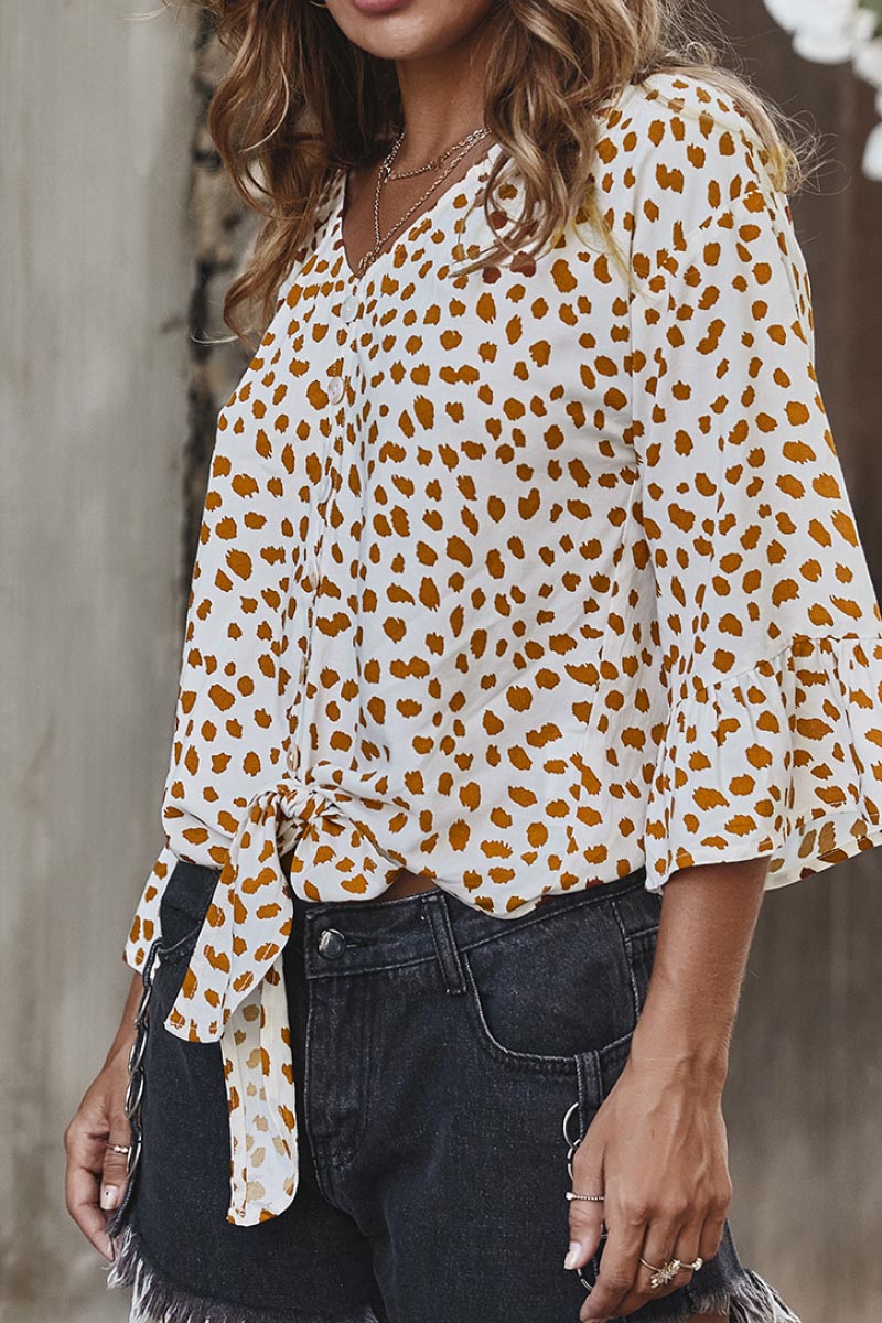 Polka Dot Tie Detail Lotus Sleeve Blouse
