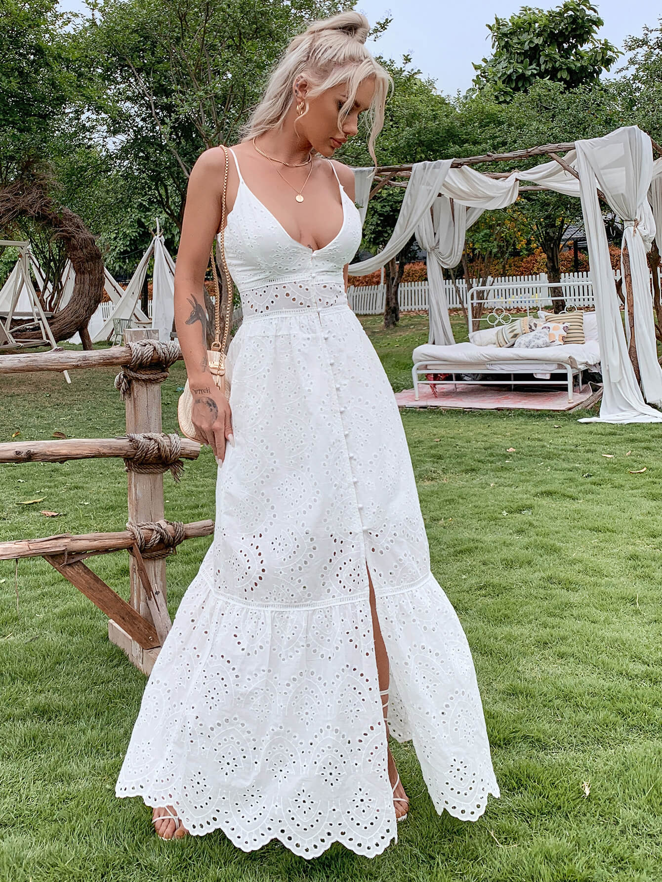 Plunge Button Front Eyelet Maxi Dress
