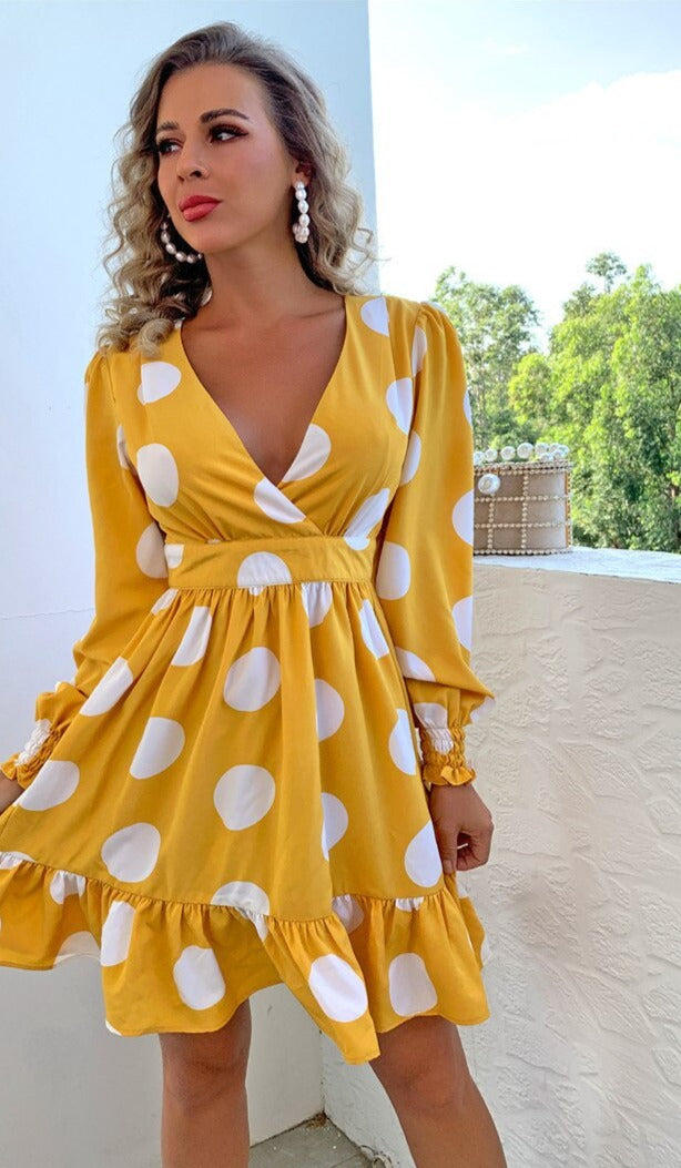 V Neck Long Sleeve Polka Dot Ruffle Dress