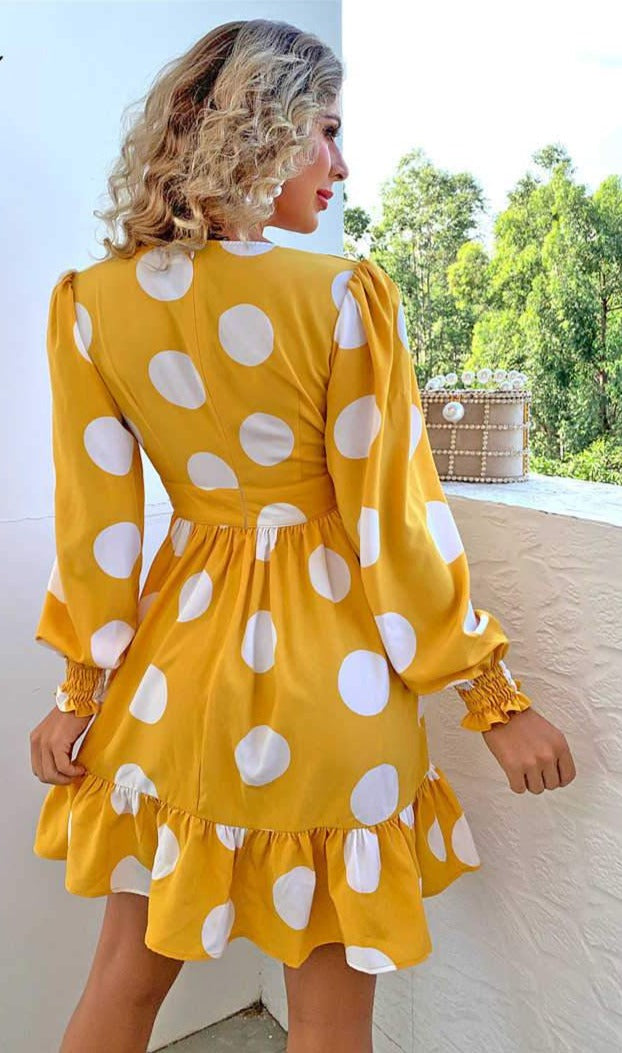 V Neck Long Sleeve Polka Dot Ruffle Dress