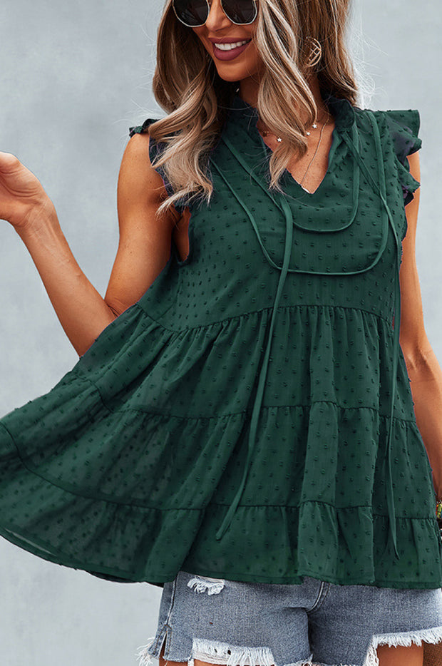 Swiss Dot Ruffle Sleeve Tiered Top