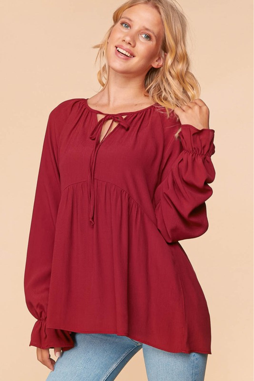 Haptics Full Size Tie Neck Flounce Sleeve Blouse