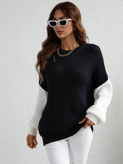 Two-Tone Rib-Knit Dropped Shoulder Sweater