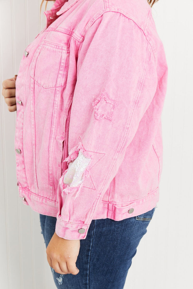 Andree by Unit Starstruck Full Size Sequin Star Patch Denim Jacket