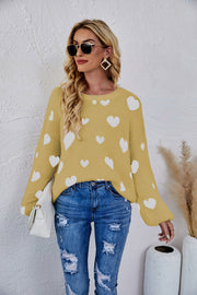 Heart Print Fuzzy Crewneck Long Sleeve Sweater