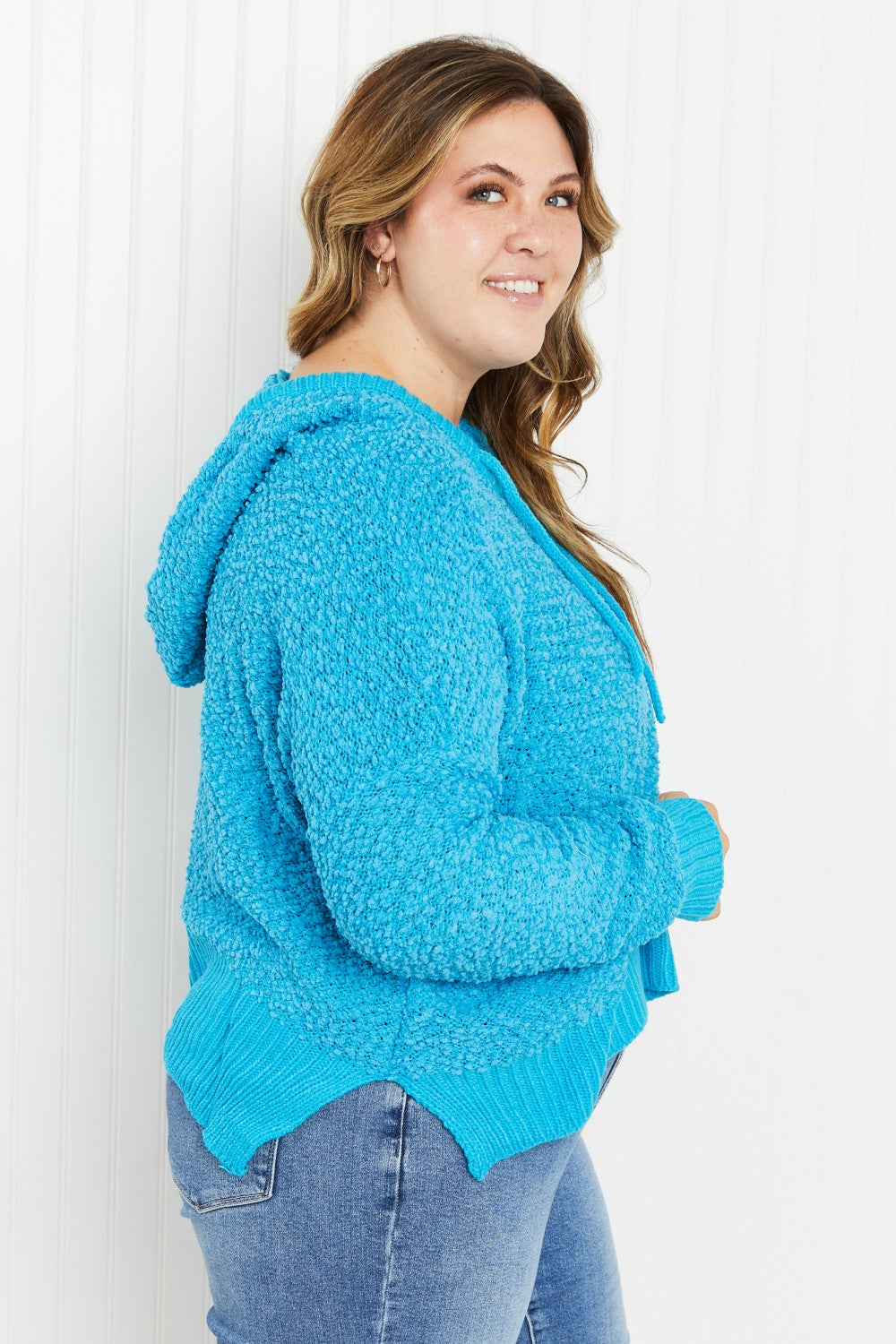 POL Game Night Full Size Textured Knit Hoodie in Pool Blue