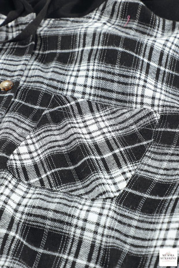 Plaid Drawstring Hooded Shirt Jacket