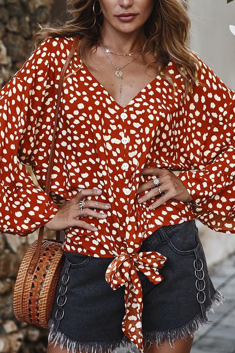 Polka Dot Tie Detail Lotus Sleeve Blouse