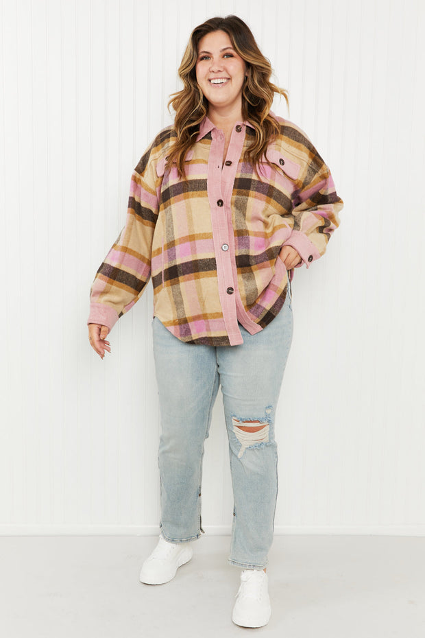 GeeGee Make Way Full Size Plaid Corduroy Trim Shacket