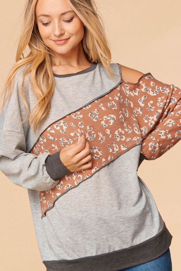 Haptics Full Size Leopard Color Block Cold-Shoulder Top