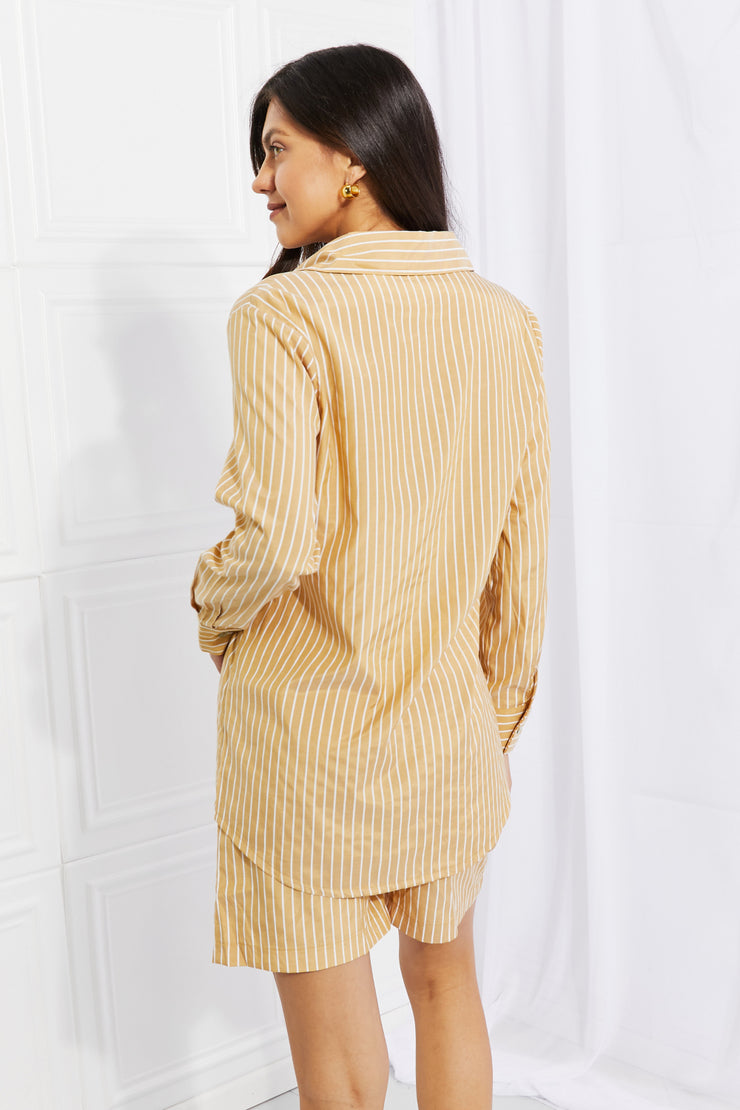 Zenana Striped Shirt and Shorts Loungewear Set in Mustard
