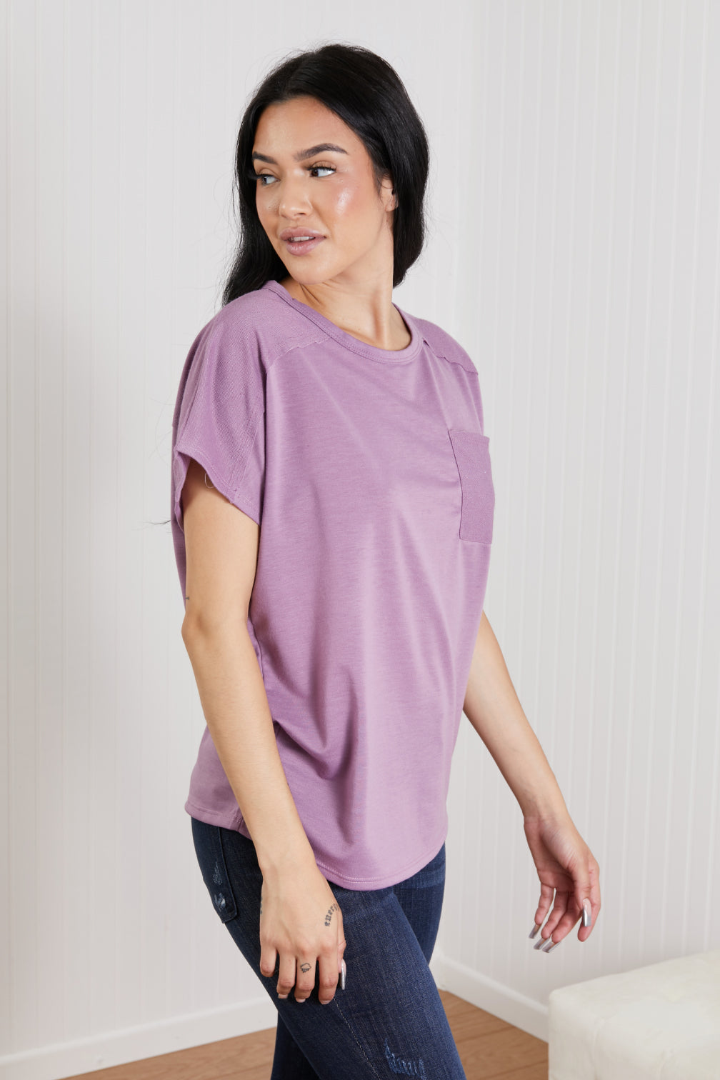Sew In Love Stay and Chat Love Full Size Pocket Tee in Plum