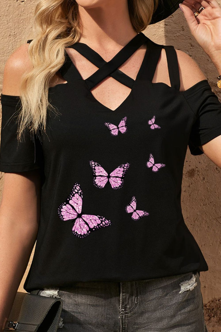 Butterfly Graphic Strappy Cold-Shoulder Top