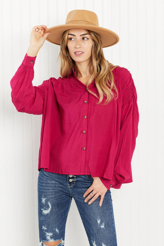 Andree by Unit Delectable Taste Full Size Ruched Detail Button-Down Shirt