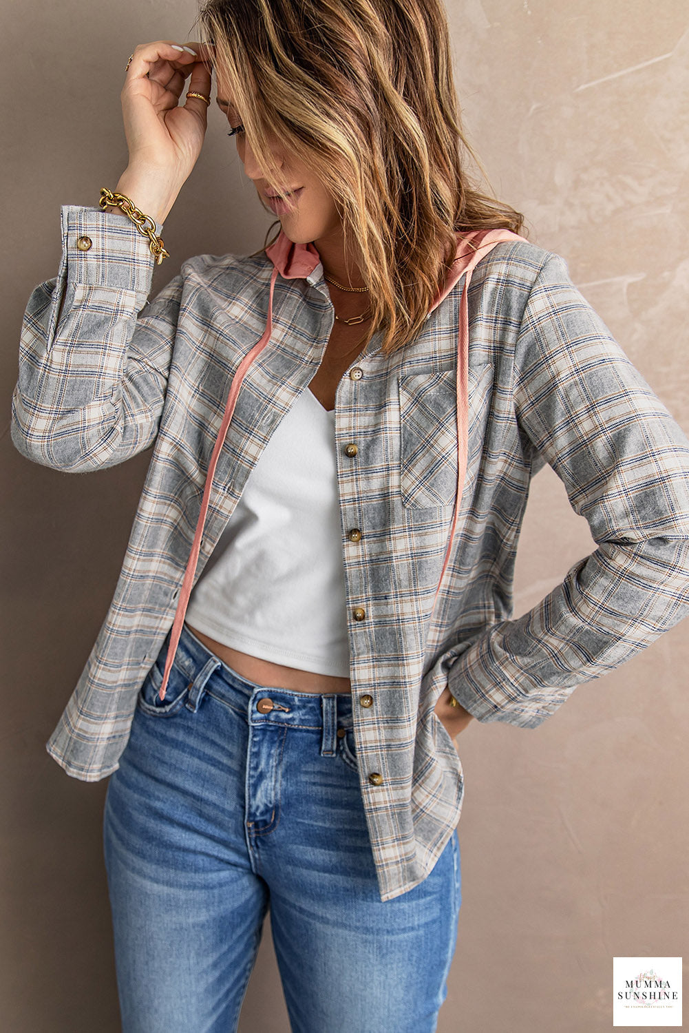 Plaid Drawstring Hooded Shirt Jacket