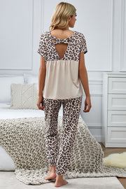 Leopard Splicing Short Sleeve Two Pieces Loungewear
