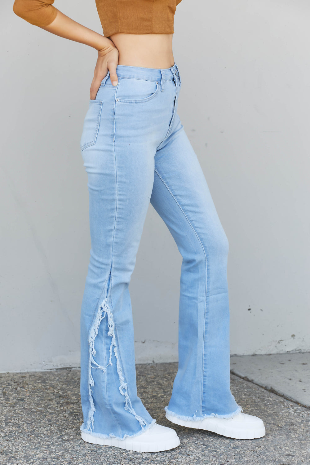 YMI Jeanswear Lila Frayed Panel High-Waist Flared Jeans