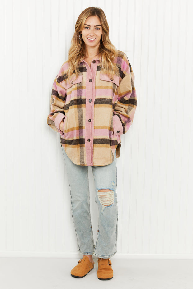 GeeGee Make Way Full Size Plaid Corduroy Trim Shacket