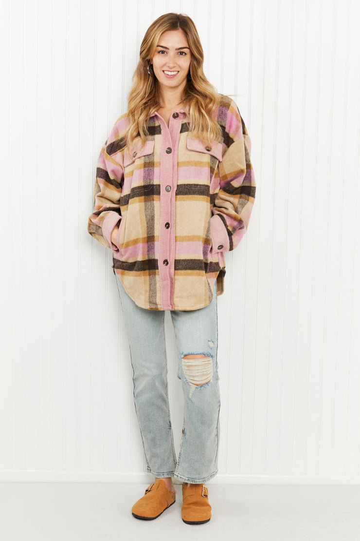 GeeGee Make Way Full Size Plaid Corduroy Trim Shacket