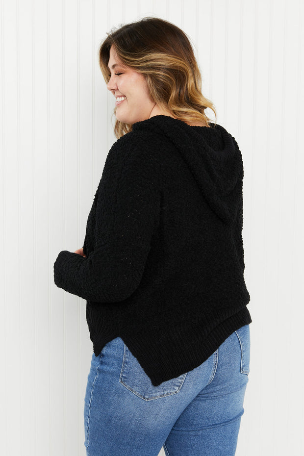 POL Game Night Full Size Textured Knit Hoodie in Black