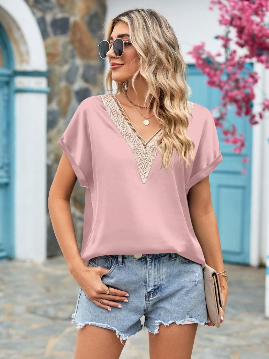 V-Neck Cuffed Blouse