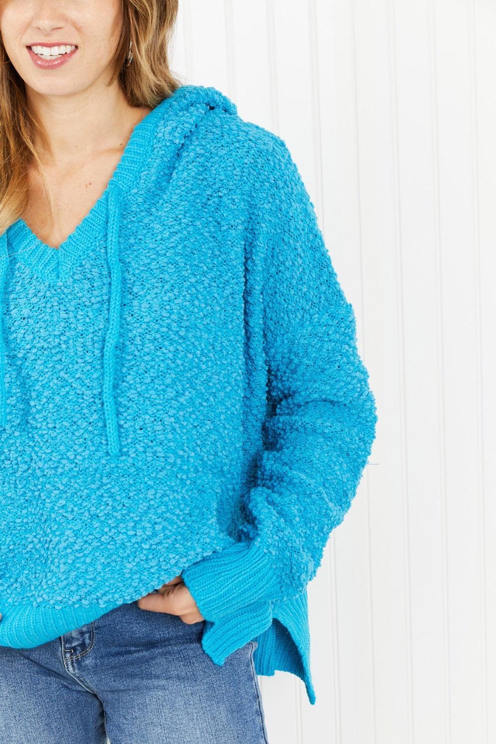 POL Game Night Full Size Textured Knit Hoodie in Pool Blue