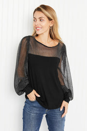 Emerald Glamorous Evening Illusion Metallic Mesh Balloon Sleeve Top