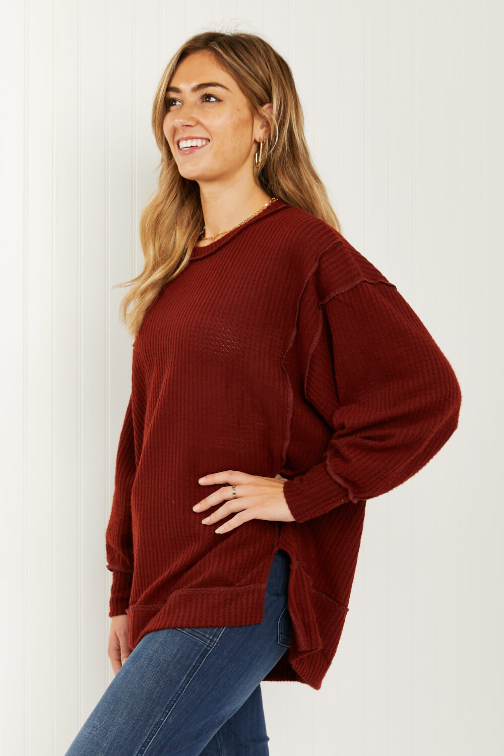 Zenana Alta Heights Full Size Waffle Knit Exposed Seam Sweater