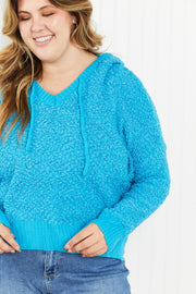 POL Game Night Full Size Textured Knit Hoodie in Pool Blue