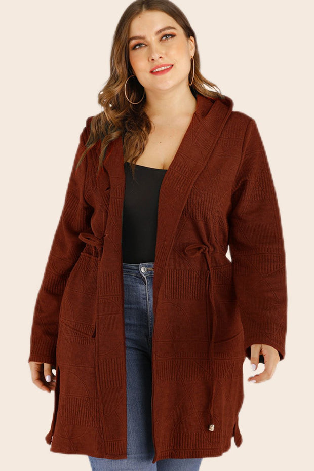 Plus Size Drawstring Waist Hooded Cardigan with Pockets