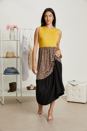 P & Rose Girl Next Door Full Size Run Leopard Color Block Dress in Mustard