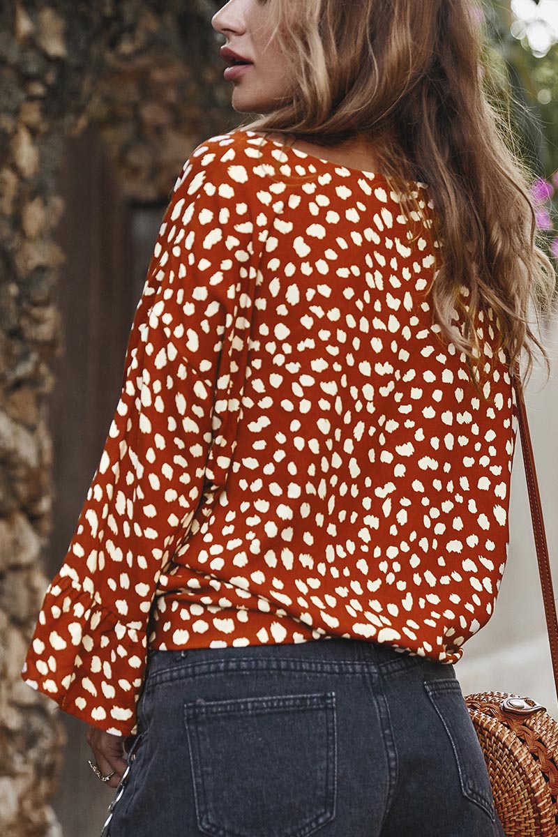Polka Dot Tie Detail Lotus Sleeve Blouse