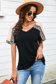 Leopard Sleeve Side Slit V-Neck Tee-Shirt