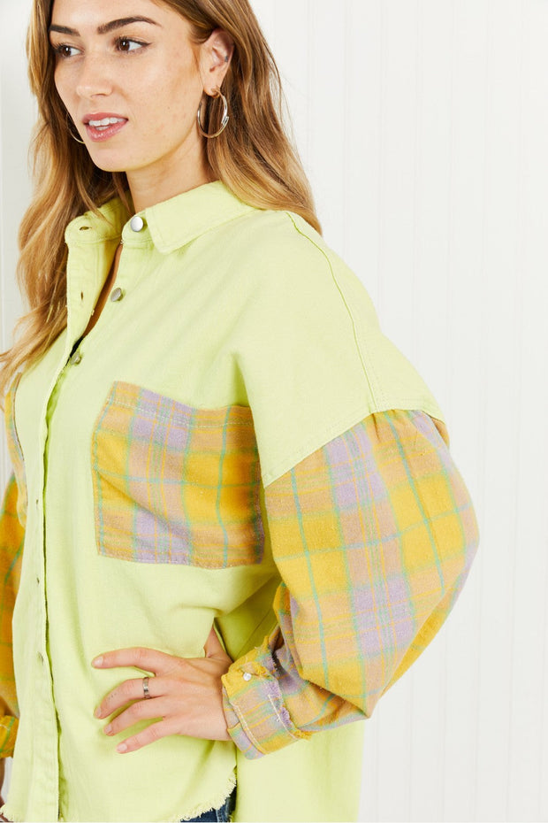 POL Bright Autumn Full Size Contrast Plaid Twill Shacket