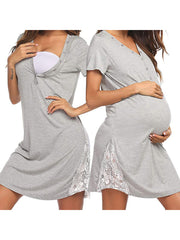Women's knitting short sleeve lace splicing Maternity Nursing Dress