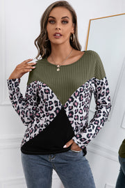 Leopard Patch Color Block Ribbed Top