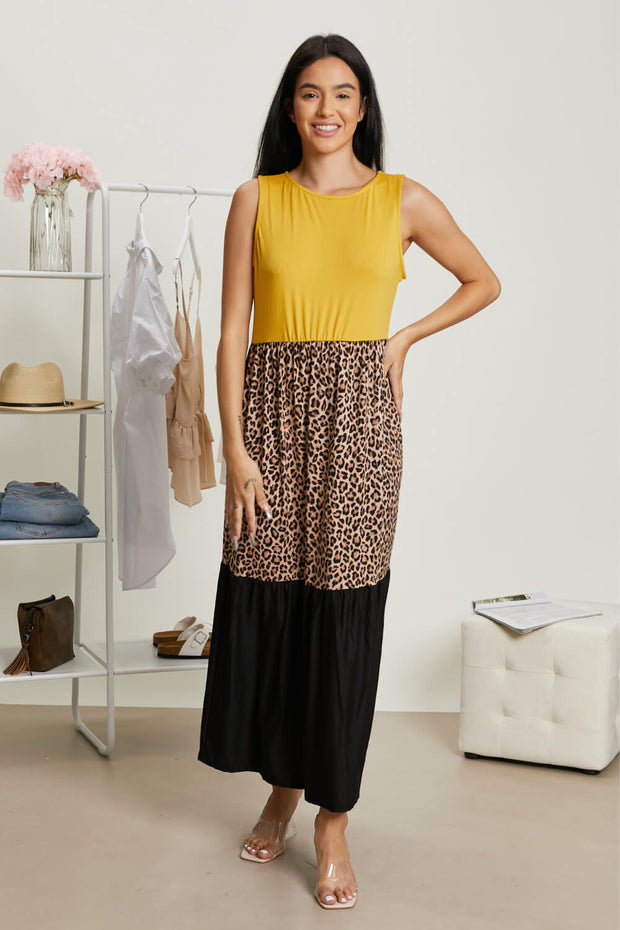 P & Rose Girl Next Door Full Size Run Leopard Color Block Dress in Mustard