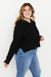 POL Game Night Full Size Textured Knit Hoodie in Black