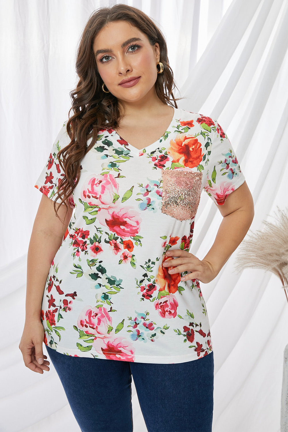 Floral Print Sequin Pocket Tee