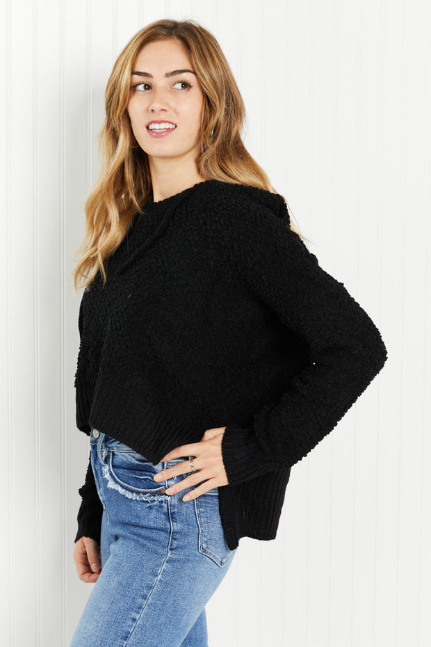 POL Game Night Full Size Textured Knit Hoodie in Black