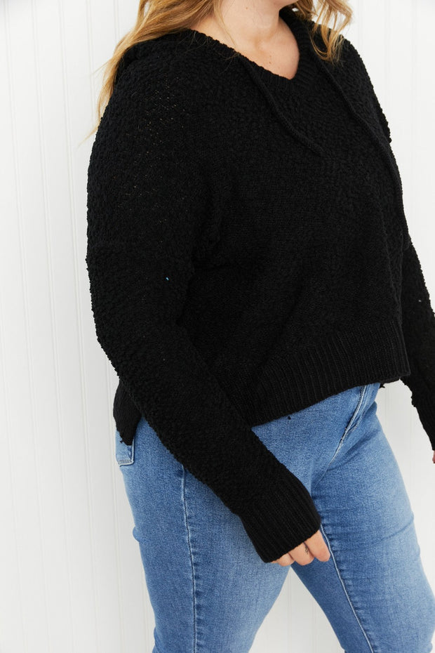 POL Game Night Full Size Textured Knit Hoodie in Black
